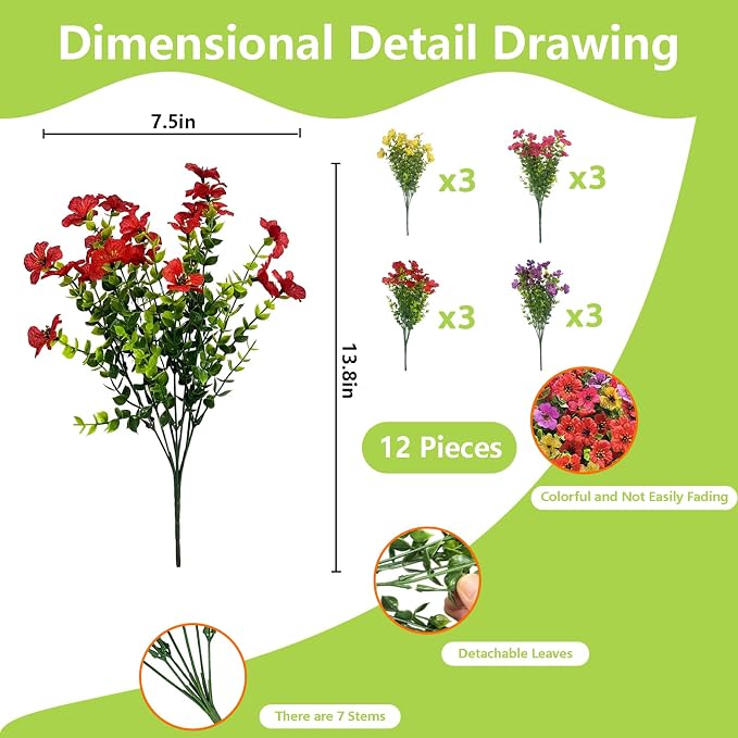 12 Bundles Artificial Flowers for Spring Summer Outdoor Decoration Faux Greenery uv Resistant Artificial Outside Flowers Fake Flowers for Porch Garden Home Patio Cemetery Decor (Mixed Color)