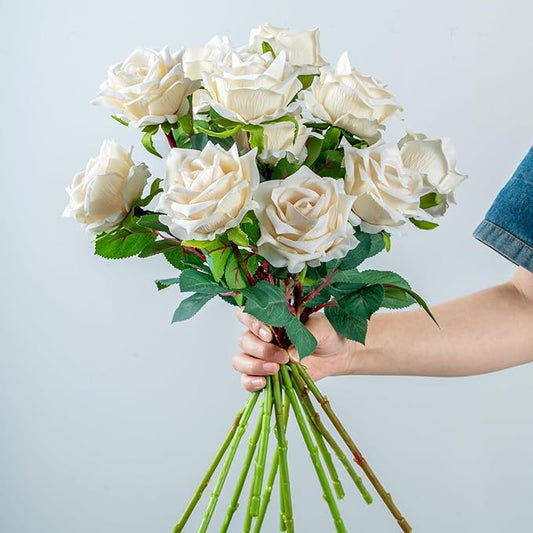 Ttranewsoo Fake Roses Faux Flowers 12PCS Silk Roses Artificial Roses with Stems Realistic Artificial Flowers Suitable for Indoor Home Decoration DIY Bouquet Wedding Decor Party Decor 16.5In (White)