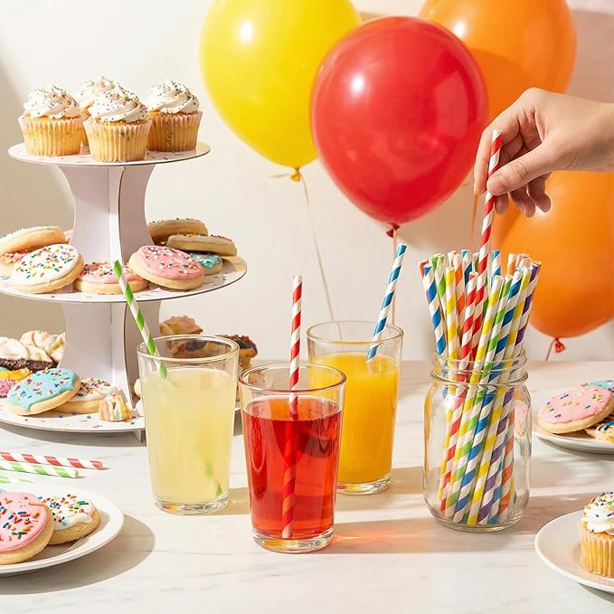200 Striped Paper Straws(Stochastic), Biodegradable Drinking Colorful Straws Disposable for Birthdays, Coffee, Cocktail, Lemonade, Weddings, Bridal, Baby Shower, DIY Decorations, Party Supplies