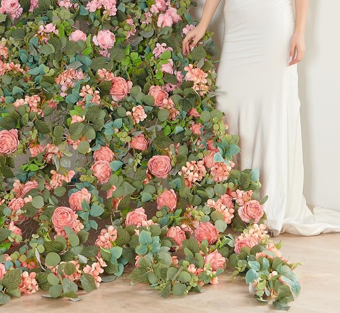 PONKING Flower Garland Artificial Rose & Hydrangea Vine Hanging Fake Flowers Vines for Wedding Birthday Party Valentines Christmas Room Wall Arch Decor, 1 Rose & 1 Hydrangea Dark Pink Floral Garland