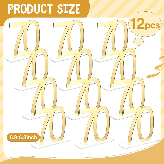 Threehoney 12 Pcs Mirror Gold 70th Birthday Decorations for Men and Women Acrylic Anniversary Decorations Table Numbers Centerpieces for Birthday Party