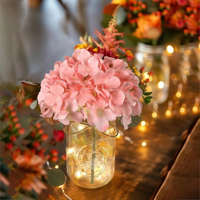 Set of 3 Mason Jar with Lights Blush Hydrangea Decorative Jars Flower Vase Farmhouse Table Centerpiece for Home Wedding Event Party Decor
