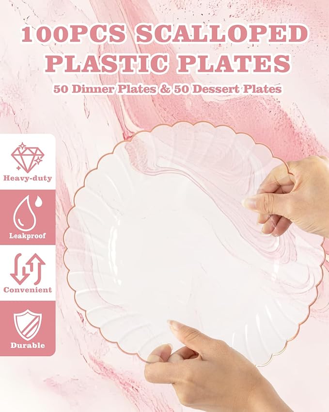 YOUBET 100PCS Rose Gold Plastic Plates - Heavy Duty Scalloped Disposable Plates Include 50 Dinner Plate, 50 Dessert Plate for Wedding & Baby Shower & Party