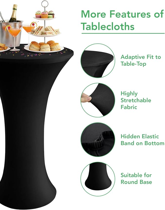 KeyWave Cocktail High Top Table Covers - 24x43 Inch Fitted Spandex Round Cocktail Tablecloth for Bar Height Standing Table Cloths Reusable, for Party Bistro Wedding Event Decorations, Black, 8 Pack