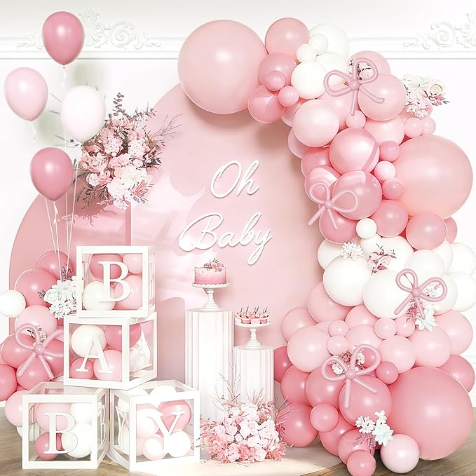 154Pcs Coquette Pink Bow Baby Shower Decorations for Girl - Soft Pink Balloon Arch Garland Kit with 4 Baby Boxes - DIY Long Balloons for Bows, Princess Birthday Party Supplies, Gender Reveal