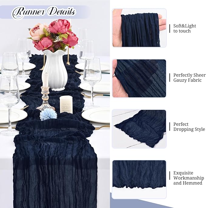24 Pack Navy Blue Cheesecloth Table Runner,10FT Gauze Boho Long Cheesecloth Table Runners 20x120inch Rustic Cheese Cloth Table Runner for Wedding Party Bridal Shower,Table Decorations
