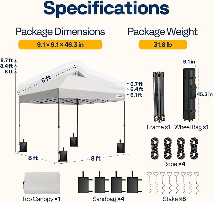 VIVOHOME 8x8ft Pop Up Canopy Tent One Push Setup Outdoor Portable Shelter Tent Heavy Duty with Wheel Carry Bag and 4 Sandbags, White