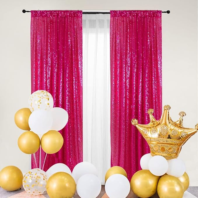 PartyDelight Hot Pink Sequin Backdrop Curtains 2x8ft 4 Panels | 3mm stitched sequin curtain with 4 inch rod pocket for 2x8ft 4 panel fuller wall coverage pleated backdrop and 8ft stand