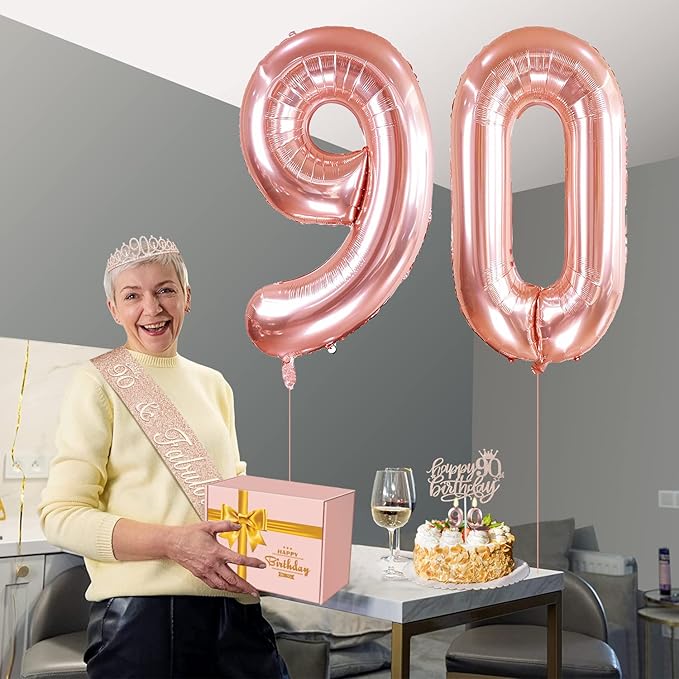 90th Birthday Decorations for Women, Include 90th Birthday Sash and Tiara, Cake Topper and Candles, Number Balloons, 3D Pop Up Greeting Card, 90 Year Old Gifts Women