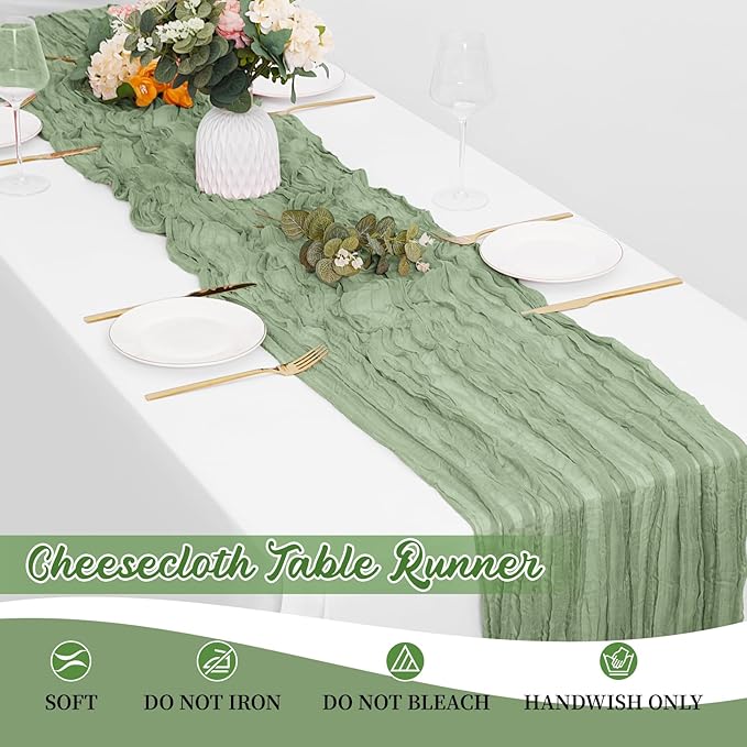 16 Pack Sage Green Cheesecloth Table Runners 20x120 Inch Gauze Table Runner Cheese Cloth 10FT Green Table Runner Rustic Sheer Runner for Wedding Baby Shower Birthday Party Table Decor