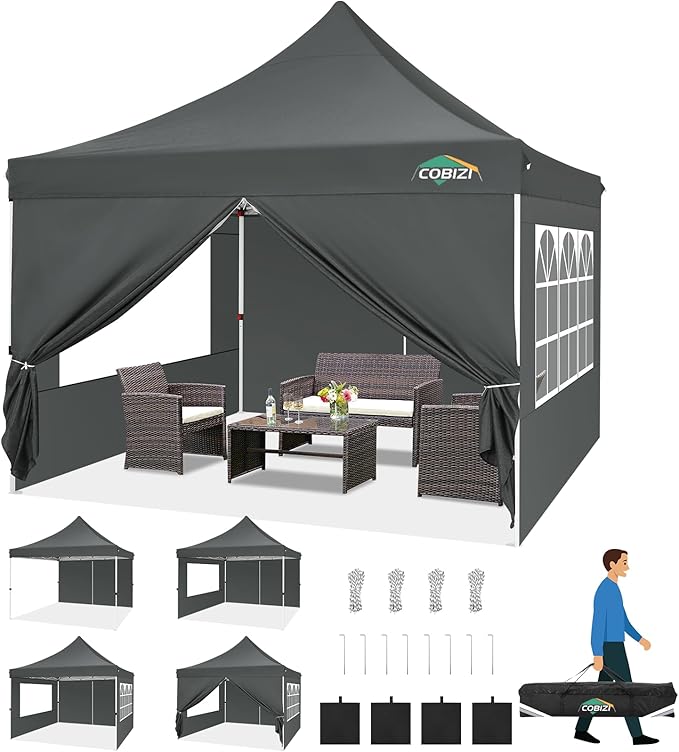 COBIZI 10x10 Pop Up Canopy with 4 Removable Sidewalls, Easy Set Up Canopy Tent, Waterproof Instant Party Tents for Weddings & Parties, UPF 50+ UV Protection, 3-Height Adjustable Frame,Grey