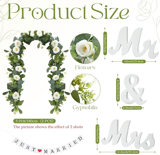 5 Pcs Just Married Decorations Kit, All-in-one Wedding Decor with White Tulle Backdrop with Lights, Mr and Mrs Sign, 2 Flower Garlands, Wedding Banner for Reception, Party (10 x 8ft)