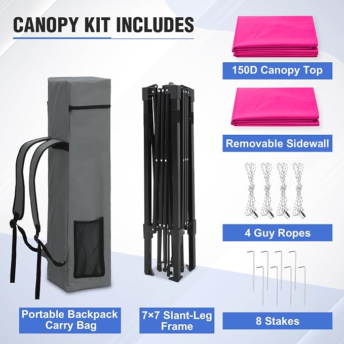 EAGLE PEAK 8x8 Pop Up Canopy Tent with Extended Eaves & Sidewall, Compact, Portable, Easy Setup Slant Leg Instant Shelter for Beach, Sports, & Camping, 8x8 Base 7x7 Top, Pink