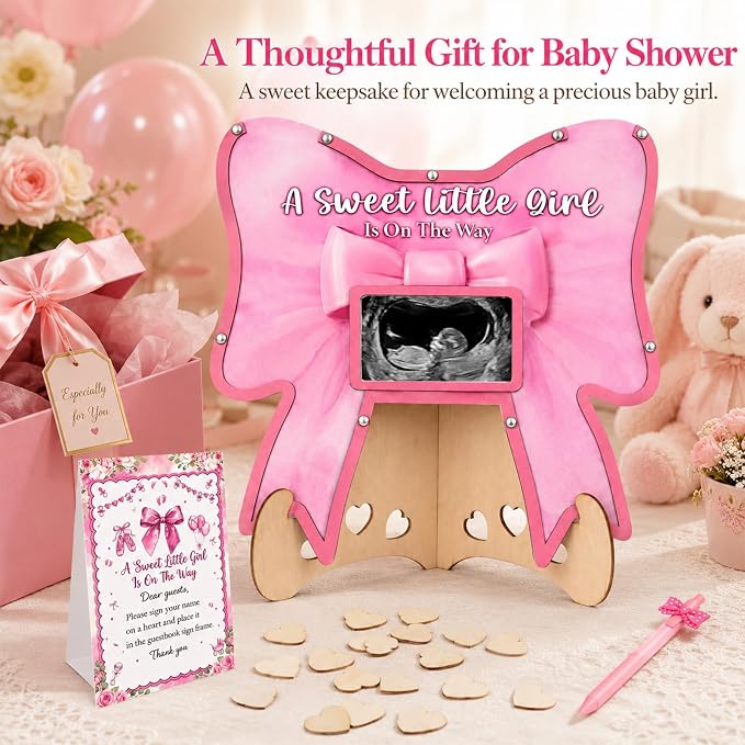 Pink Bow Baby Shower Decorations,A Sweet Baby Girl Is On The Way BabyShower Guest Book Alternatives with Pen,Photo Frame and 60 Heart Wood Slices for 60 Guests