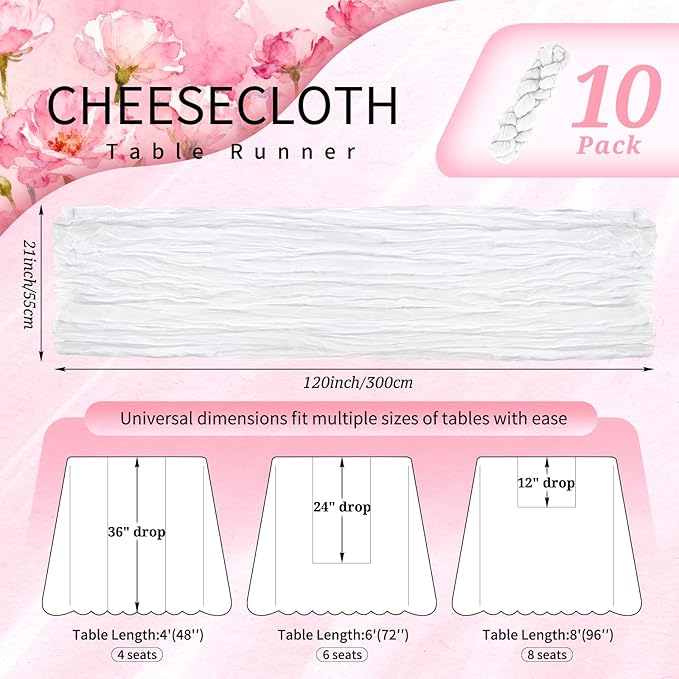 10 Pack White Cheesecloth Table Runner 10FT Boho Gauze Cheese Cloth Table Runners Romantic Rustic Sheer Table Decorations for Wedding Party Baby Shower Birthday Holiday Home