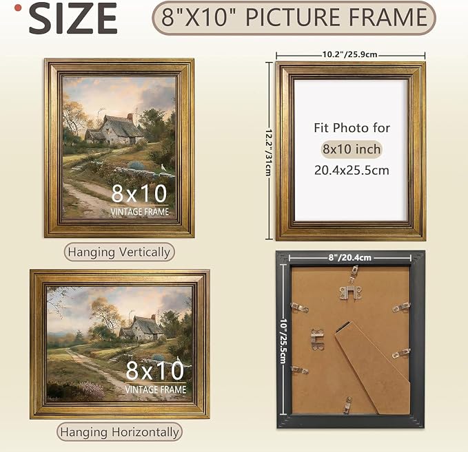 8x10 Picture Frame – Vintage Gold Picture Frames for Tabletop & Wall Mount, 8 x 10 Photo Frame for Living Room, Bedroom, Office Décor & Wedding Gift