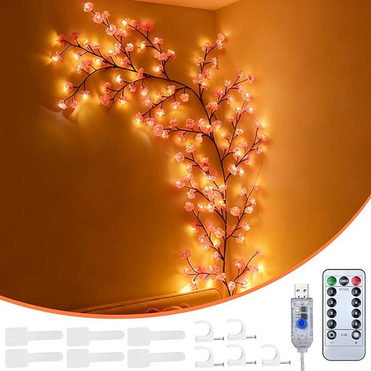 Cherry Blossom Tree Branch Lights for Wall - 5.25FT 48 LED Pink Cherry Blossom Branches String Lights with Remote Control & Cable Straps, Sakura Willow Vine Tree Light for Bedroom Door Window Room