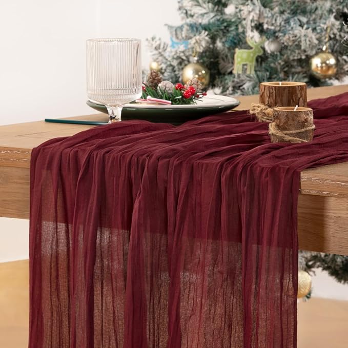 MLMC 8 Pack Burgundy Cheesecloth Table Runner Boho Rustic Gauze Wine Red Cheese Cloth Table Runner Cheese Cloth Centerpiece Decor 35x120 Inches for Wedding Reception Anniversary Home Decor