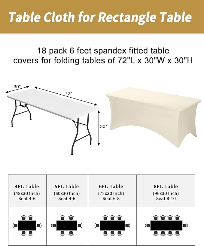 Fixwal 3 Pack Ivory Tablecloth Rectangle 6Ft, Stretch Spandex Fitted Table Cover for Party, Trade Show, Wedding, Buffet, Graduation, Vendor Stand