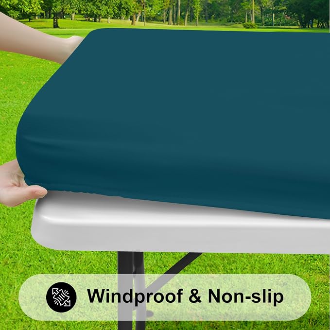 Smiry 3 Pack Rectangle Table Cloth, Elastic Fitted Flannel Backed Vinyl Tablecloths for 6ft Folding Tables, Waterproof Wipeable Table Covers for Outdoor, Camping and Picnic (Peacock Blue, 30"x72")
