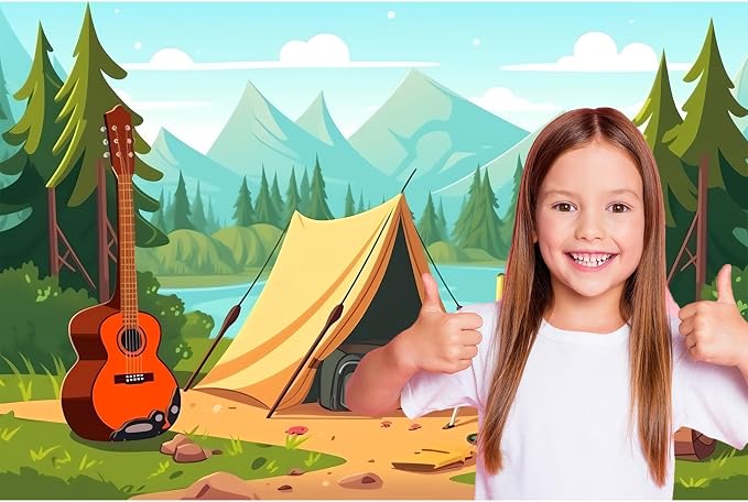 Cartoon Camping Backdrop Mountain Forest Lake Scenery Outdoor Campfire Photography Background Camper Tent Theme Birthday Party Backdrop Climbing Hiking Sign Guitar Backpacks Background 12x8ft