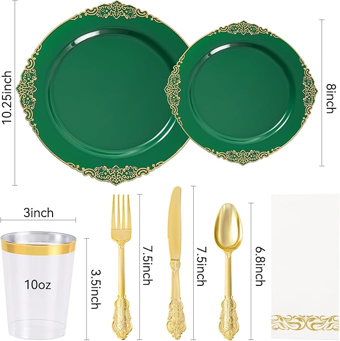 Fijinhom 350pcs Green Plastic Plates, Elegant Disposable Dinnerware Set, 125 Pieces, White and Gold, Plates, Cups, Cutlery and Napkins (Green, 50 Guests)