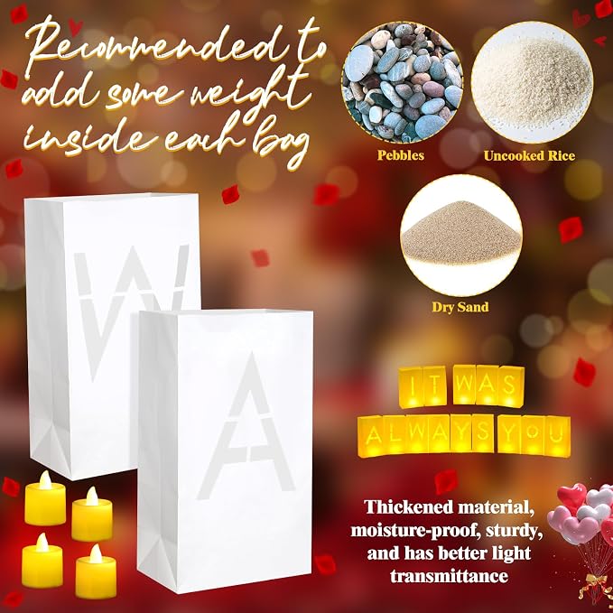 Aurelema 6086 Pcs It was Always You Light up Letters with LED Flameless Tealight Candle Red Rose Petal Letter Luminary Paper Bag for Valentine's Day Decoration Proposal Romantic Special Night Decor