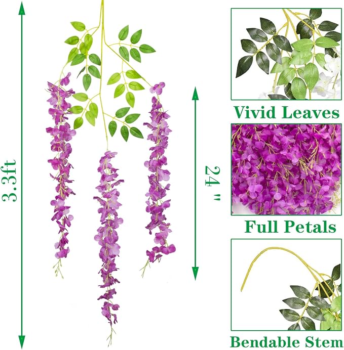 AITISOR 24 Pack Artificial Fake Wisteria Vine Ratta (3.75 Feet) Hanging Garland Silk Flowers String Home Party Wedding Decor(Purple)