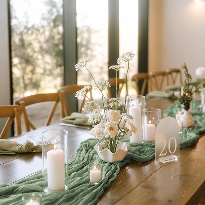 24 Pack Sage Green Cheesecloth Table Runner 10FT Boho Gauze Cheese Cloth Table Runner Rustic Sheer Fabric Table Runners for Wedding Bridal Shower Baby Shower Party(21.5×120 Inch)