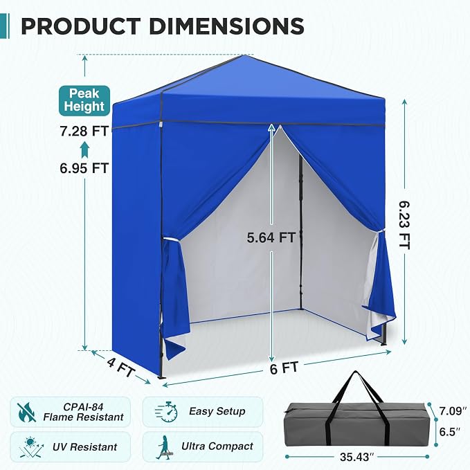 EAGLE PEAK 6x4 Instant Pop Up Canopy Tent with 4 Side Wall Panels, Straight Leg Sun Shelter, Portable Canopy with Carry Bag for Camping, Beach & Sports, Blue