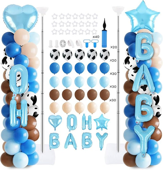 Blue Cowboy Balloons Column Stand Kits Blue Brown Rodeo Cow Party Balloons Arch Garland Kit OH BABY Balloon Tower for Baby Shower Birthday Western Cowboy Farm Theme Party Decorations Supplies