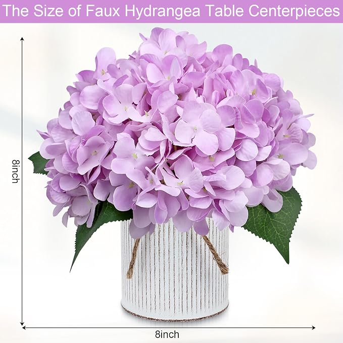 Set of 6 Flower Table Centerpieces - Lilac Fake Hydrangeas Floral Arrangement with Rustic Metal Vase for Baby Bridal Shower Birthday Party Event Wedding Decorations
