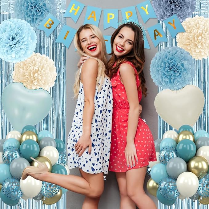 Blue Birthday Decorations Set, Blue Party Decoration Balloons with HAPPY BIRTHDAY Banner, Pom Poms, Fringe Curtain Background, Birthday Crown, Shoulder Strap for Boho Partys Girls Women Party Supplies