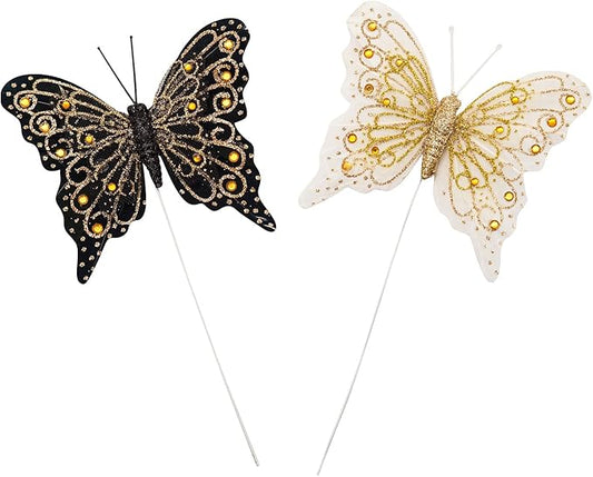 Set of 12 Glitter Monarch Feather Butterflies on Wire for Floral Arrangements and DIY Decorations (Black-White/Gold)