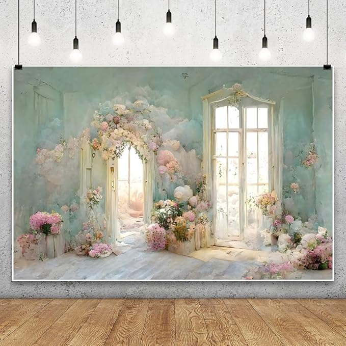 Leowefowa European Style Oil Painting Backdrop for Photography 15x8ft Vinyl Flowers Arched Door French Window Photo Background Birthday Wedding Party Banner Home Decorations Photo Studio Props