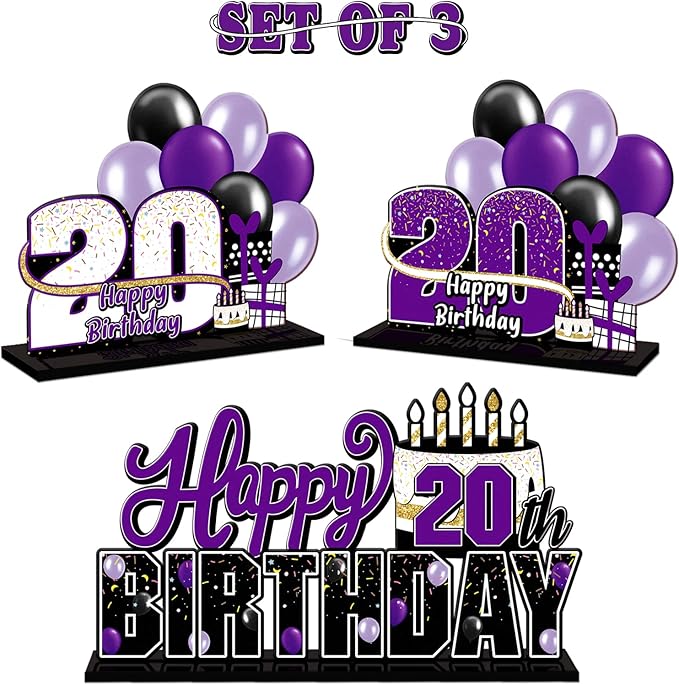 LINGTEER Happy 20th Birthday Purple Acrylic Table Topper Centerpieces Set - Cheers to Twenty Years Old Birthday 20th Bday Party Gift Decorations.