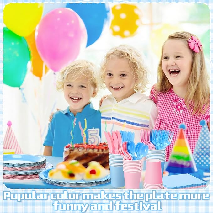 Tegeme 256 Pcs Pink and Blue Gender Reveal Party Supplies Disposable Tablecloth Paper Plates Napkin Cup Plastic Fork Knives Spoon Tableware Serve 36 Guest for Birthday Baby Shower Wedding Decoration