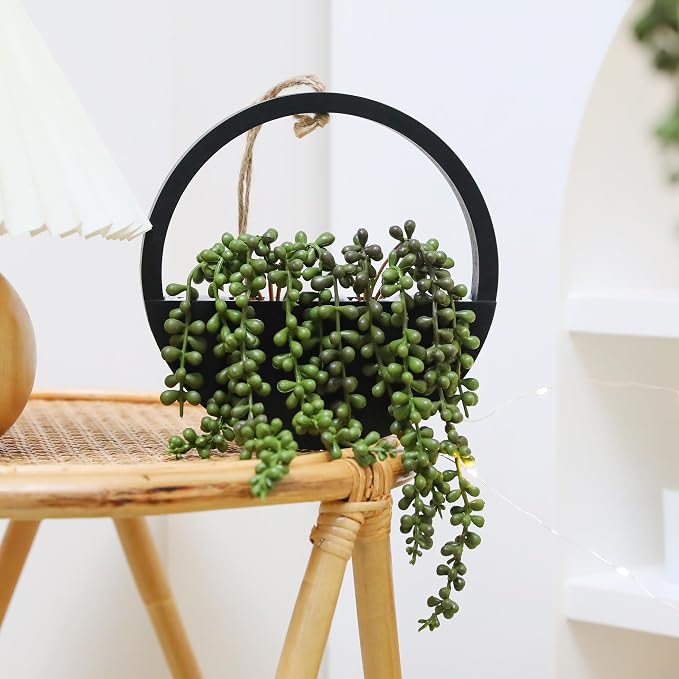Floweroyal 2pcs Artificial Succulents Hanging Plants 20.1'' Fake String of Pearls in Pot with 9.4'' Lanyard for Indoor Outdoor Wall Decor (Black)