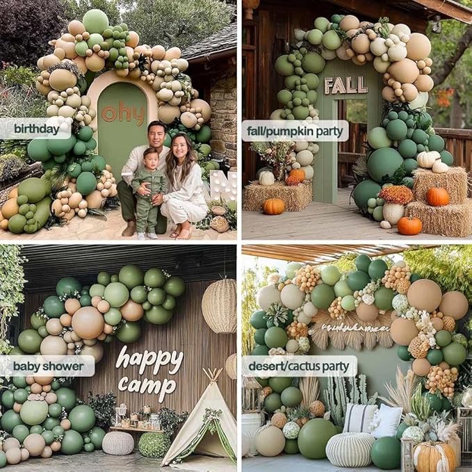Sage Green Brown Balloon Arch Kit Double Stuffed Dusty Olive Green Tan White Sand Apricot Latex Balloon Garland for Neutral Baby Shower Safari Dinosaur Birthday Woodland Wild One Party Decoration