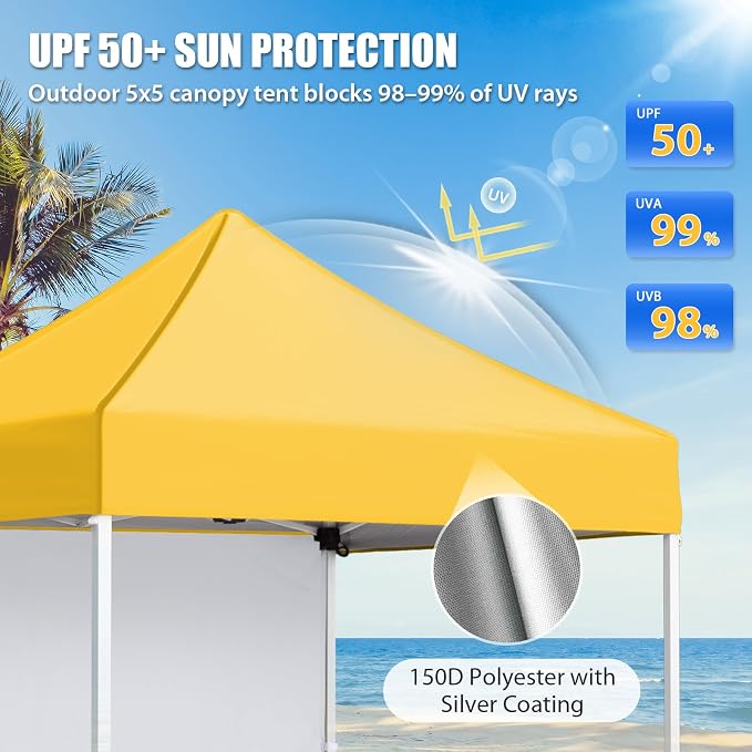 EAGLE PEAK Pop up Canopy 5x5, Outdoor Portable Canopy Tent with One Removable Sunwall, Carry Bag Included, Yellow