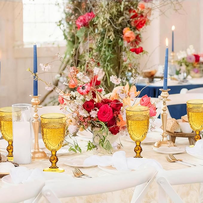 Plastic Wine Glasses 12Pcs Plastic Goblets 7.5oz Colored Retro Embossed Glassware Vintage Stemmed Drinking Cup Reusable Water Goblets for Wedding Reception Grand Event Party Bar,Whiskey (Amber)