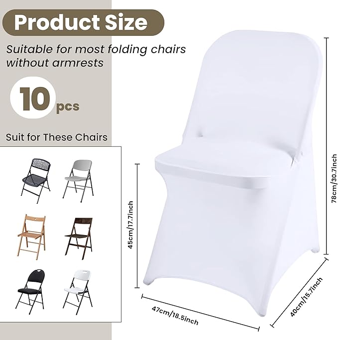 Folding Chair Covers 10 PCS Stretch Spandex Chair Covers Upgraded Universal Washable Fitted Chair Slipcovers Protector for Party, Wedding, Holidays, Banquet, Celebration (White, 10 PCS)