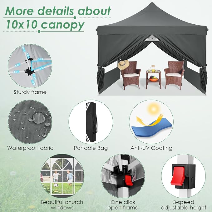 COBIZI 10x10 Pop Up Canopy with 4 Removable Sidewalls, Easy Set Up Canopy Tent, Waterproof Instant Party Tents for Weddings & Parties, UPF 50+ UV Protection, 3-Height Adjustable Frame,Grey