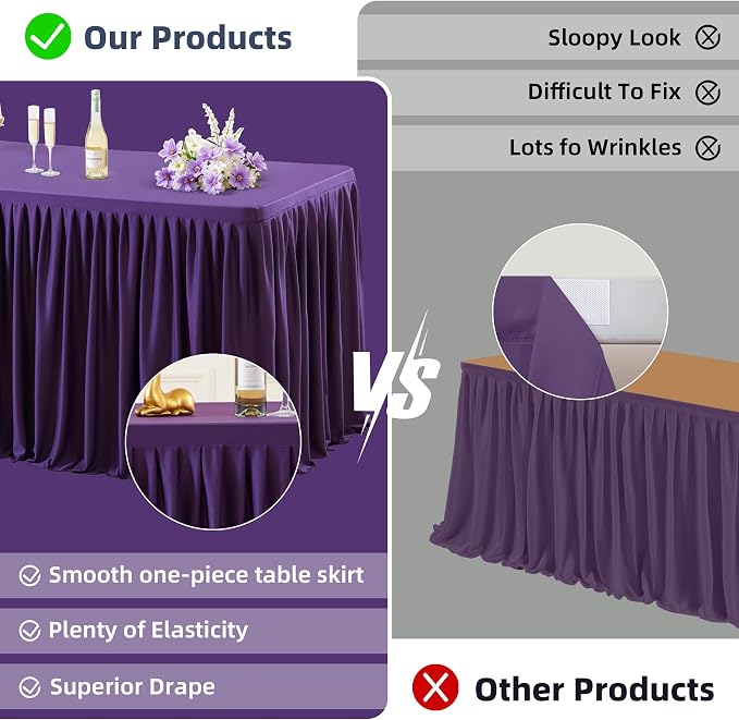 PARTISKY 2 Pack Purple Tablecloths for Rectangle Tables 6ft, Wrinkle Resistant Spandex Table Cover Fitted Stretch Table Cloth with Pleated Ruffle Skirts for Party Banquet Dining Birthday Wedding