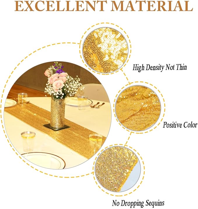 ShinyBeauty Gold Table Runners 108 Inches Long Sequin Table Runner 20 Packs Glitter Fabric Sparkle Golden Table Linen for Party Wedding Outdoor Dining Tables