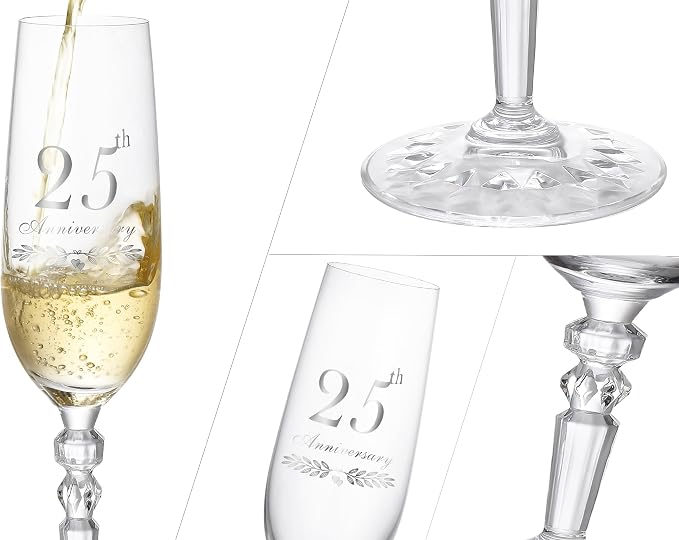 25th Anniversary Decorations Gifts for Couple, Classical Style 25th Wedding Anniversary Champagne Flutes Glasses, Crystal Champagne Glasses Set of 2, Gifts for husband, wife, Couple