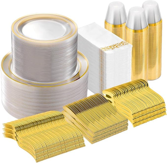 Goodluck 700 Pieces Clear Gold Dinnerware Set for 100 Guests, Disposable for Party, Include: 100 Gold Rim Dinner Plates, 100 Dessert Plates, 100 Paper Napkins, 100 Cups, 100 Plastic Silverware Set