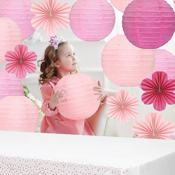 20 Pack Pink Paper Fans Hanging Ornaments,Paper Flowers Decorations For Wall Kit With 9Paper Lanterns 9Fan Flower& 2Party Tablecloths For Graduation Ceremony Wedding Party Decorations