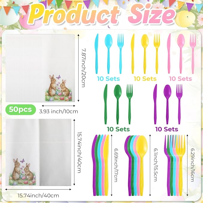 LemonRoad 50 Sets Easter Plastic Silverware Bunny Egg Disposable Prefolded Cutlery Includes Forks Knives Spoons Linen Paper Napkin Easter Tableware for Spring Gatherings Wedding Party Kitchen