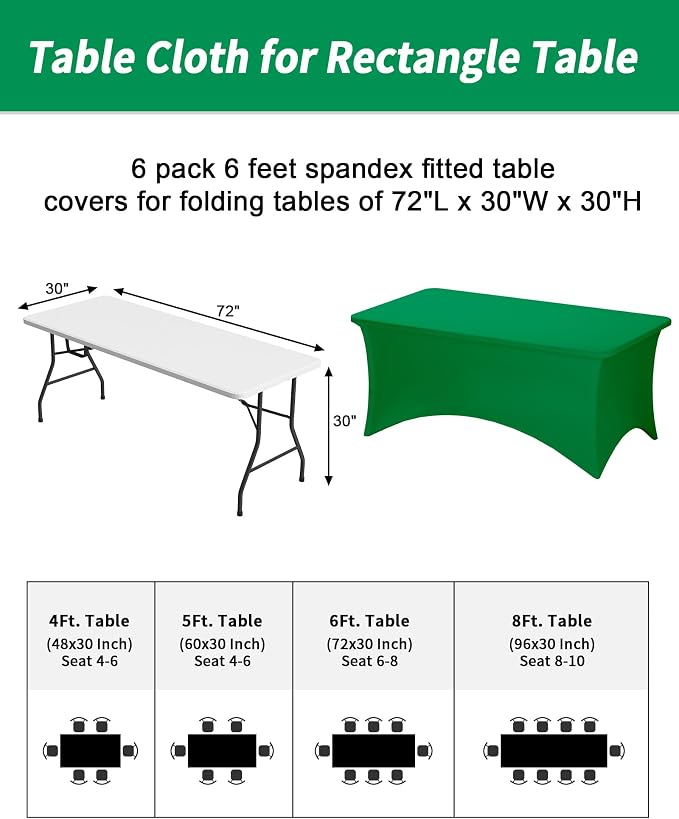 Fixwal 6 Pack 6Ft Green Table Cover, Spandex Fitted Tablecloths Rectangle, Wrinkle-Free and Stretch Folding Table Cloth for Banquet, Wedding, Party, Trade Show
